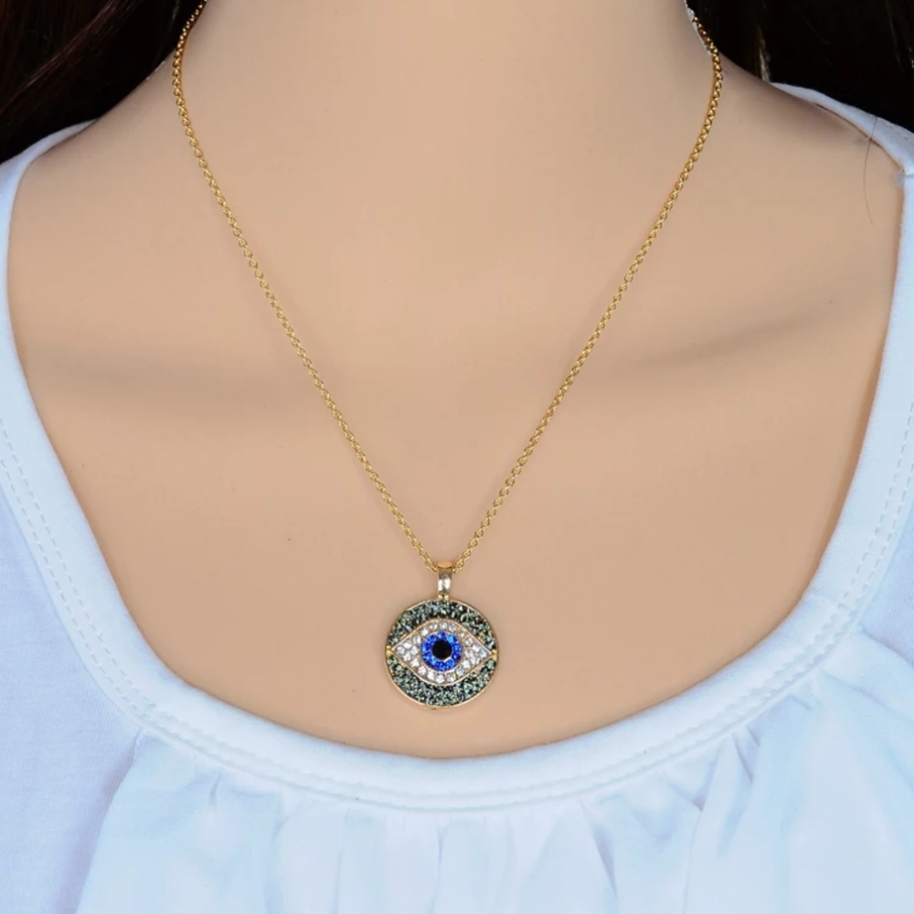 Goldtone Rhinestone Eye Pendant Necklace - Picture 2 of 5